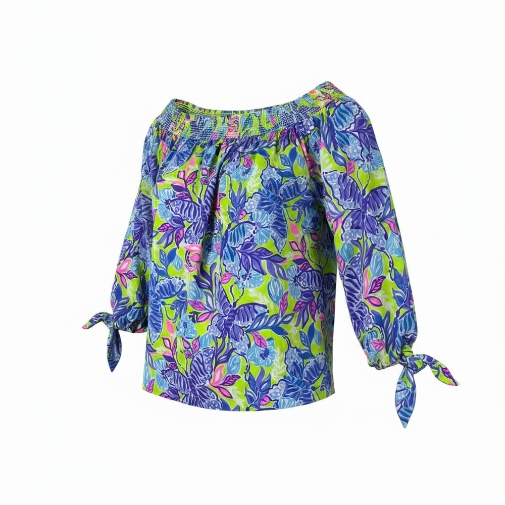 Lilly Pulitzer Womens Off The Shoulder Butterfly Floral Tie Blouse Blue Green XL